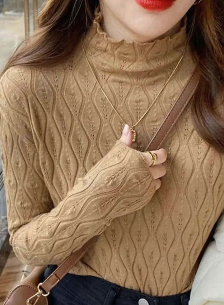 Women's Slim-Fit Frill Mock-Neck Pointelle Knit Top