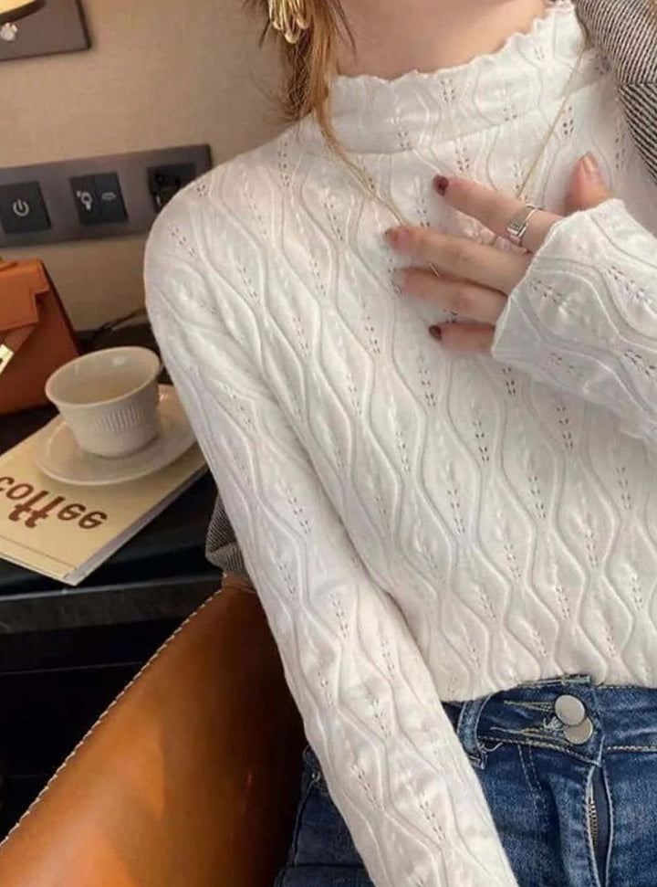 Women's Slim-Fit Frill Mock-Neck Pointelle Knit Top
