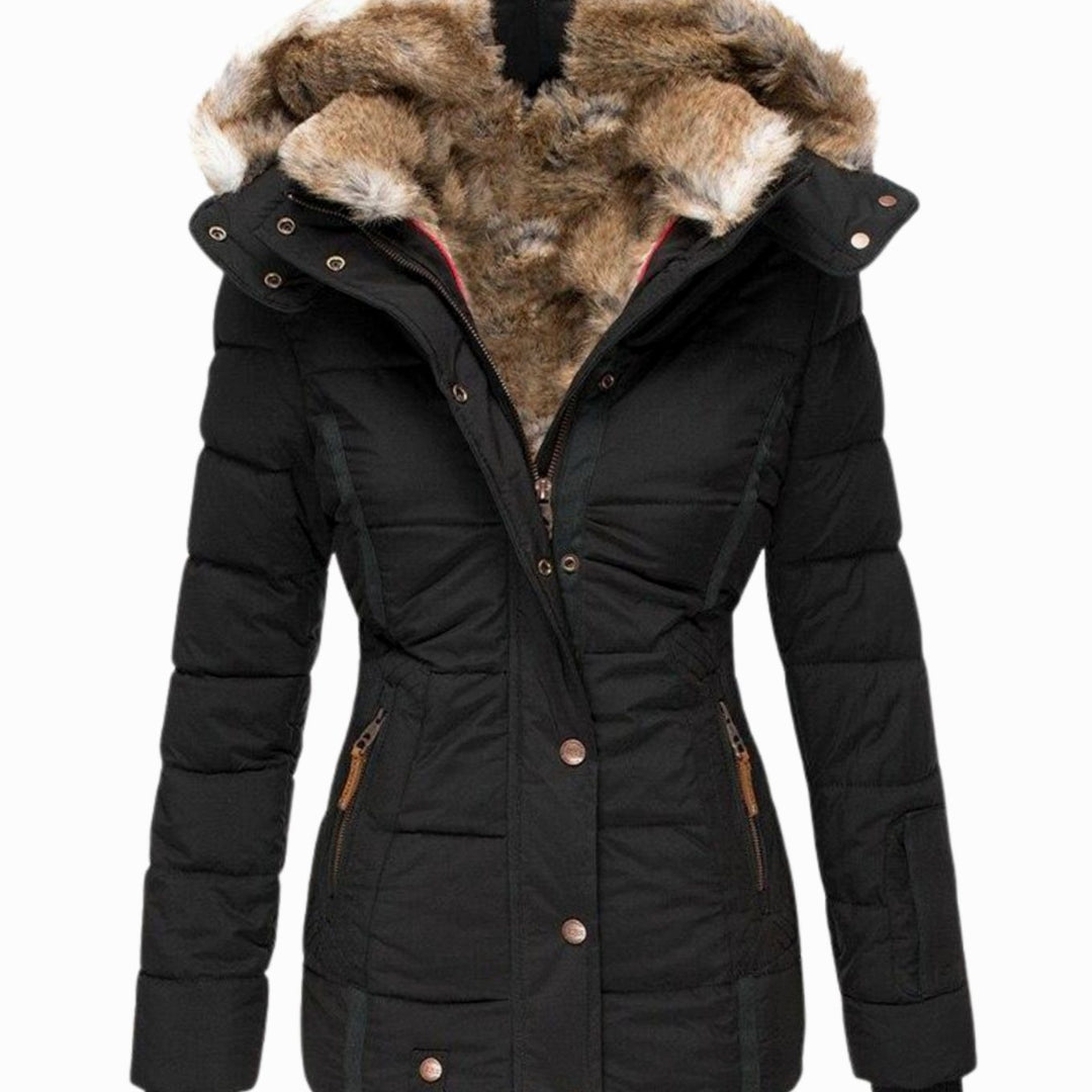 Women's Slim-Fit Quilted Puffer Jacket Faux Fur Hood - Black