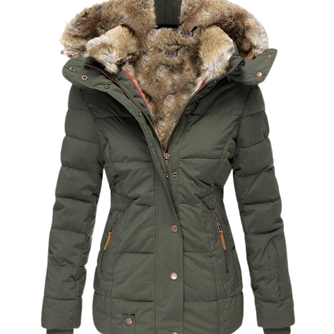 Women's Slim-Fit Quilted Puffer Jacket Faux Fur Hood - Green