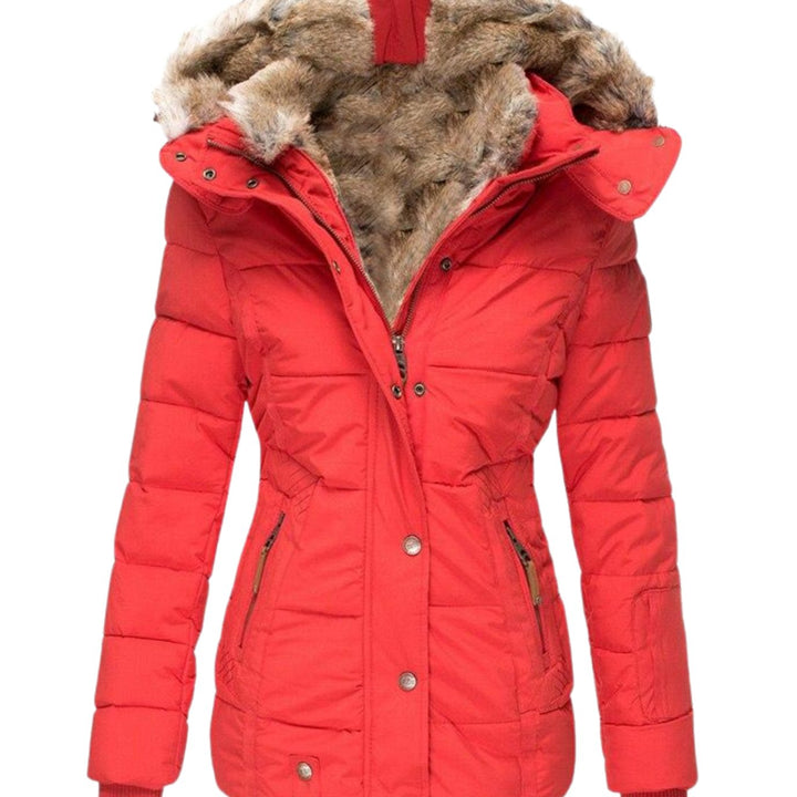 Women's Slim-Fit Quilted Puffer Jacket Faux Fur Hood - Red