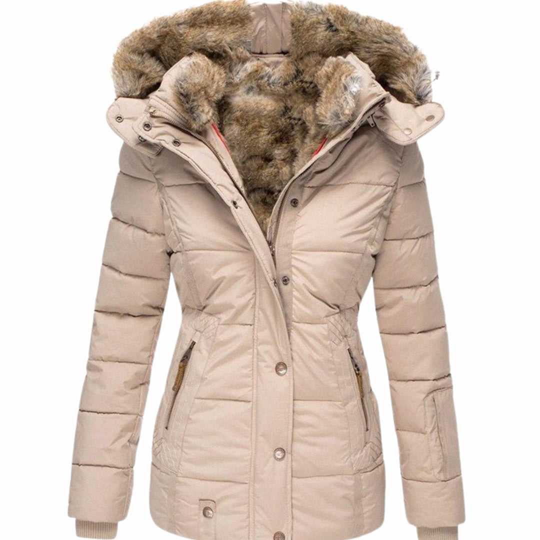Women's Slim-Fit Quilted Puffer Jacket Faux Fur Hood - Beige