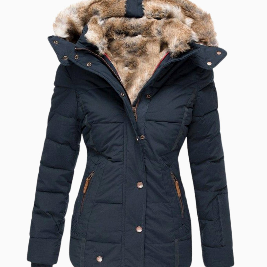Women's Slim-Fit Quilted Puffer Jacket Faux Fur Hood - Navy Blue