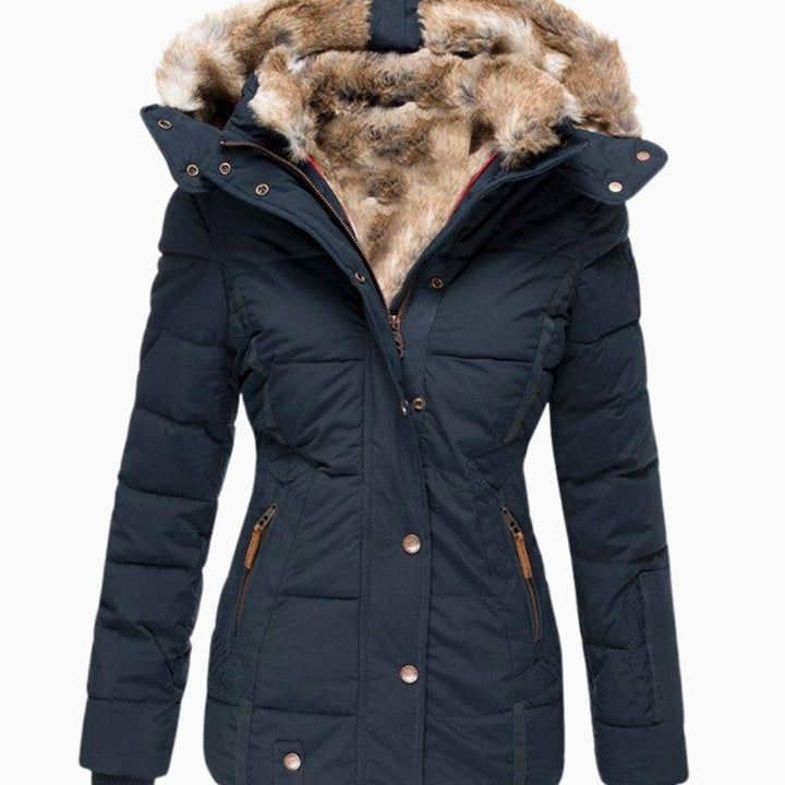 Women's Slim-Fit Quilted Puffer Jacket Faux Fur Hood - Navy Blue