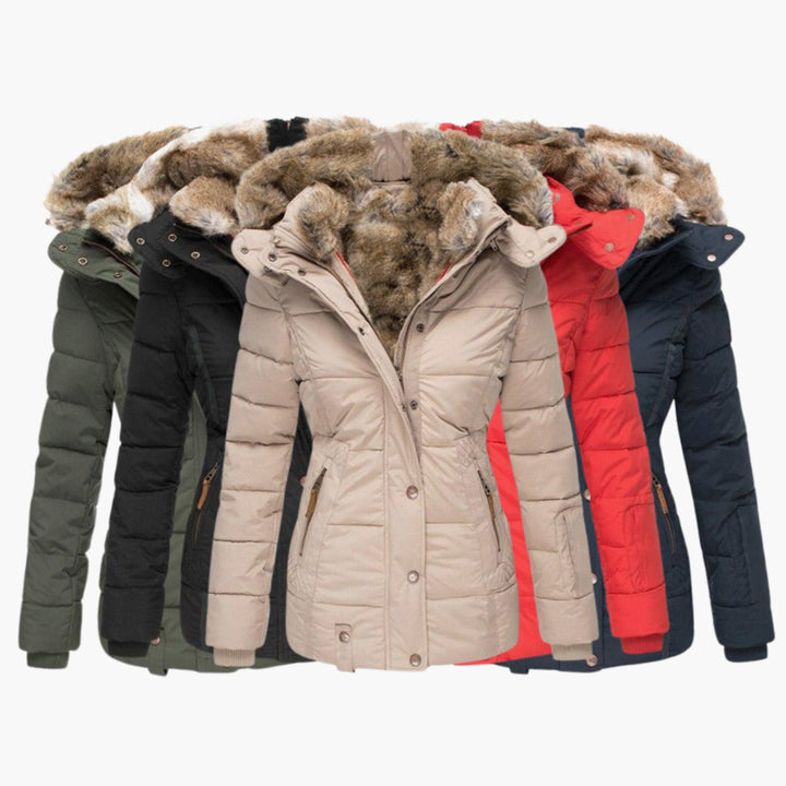 Women's Slim-Fit Quilted Puffer Jacket Faux Fur Hood
