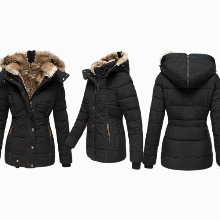 Women's Slim-Fit Quilted Puffer Jacket Faux Fur Hood