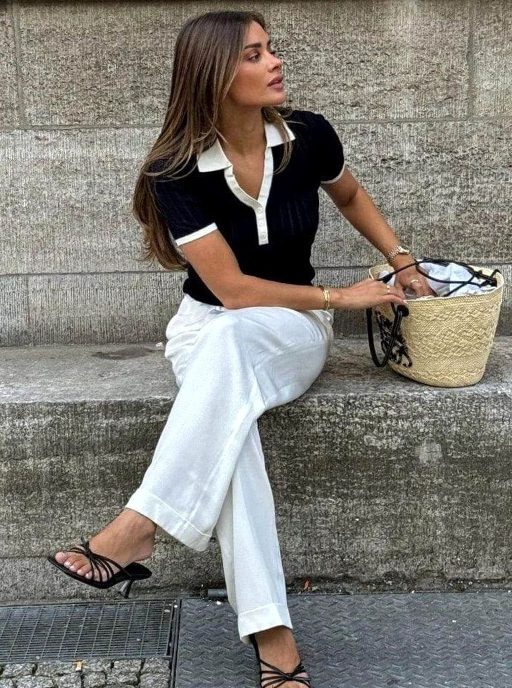 Women's Slim-Fit Ribbed Knit Polo Collar Short-Sleeve Top