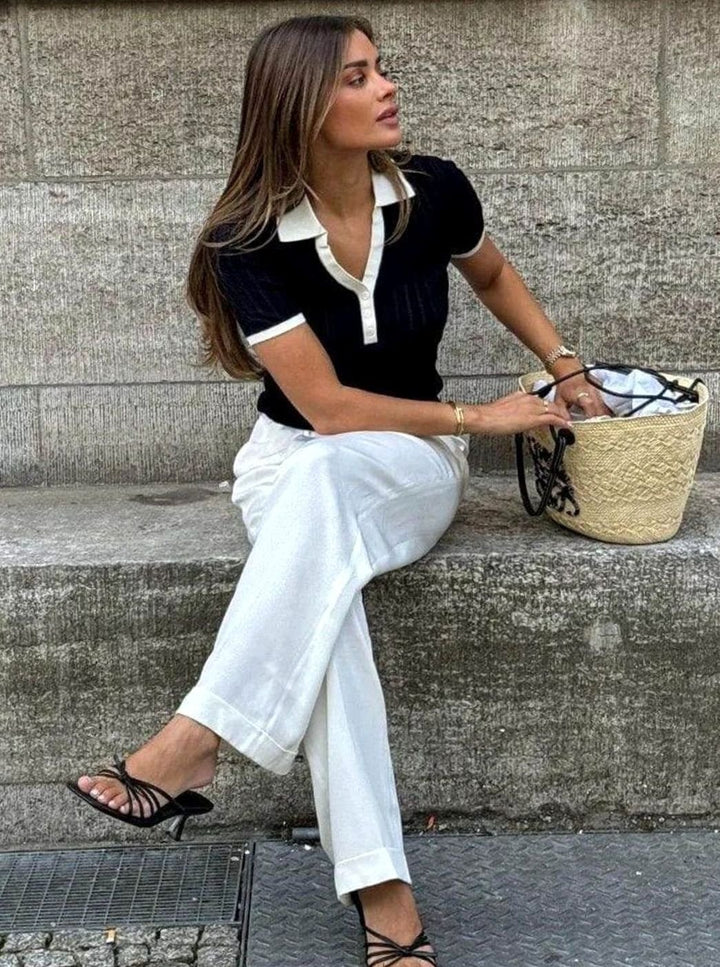 Women's Slim-Fit Ribbed Knit Polo Collar Short-Sleeve Top