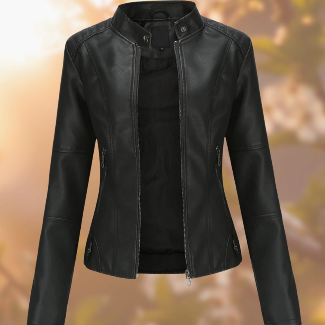Women's Slim-Fit Zip-Up Faux Leather Biker Jacket - Black