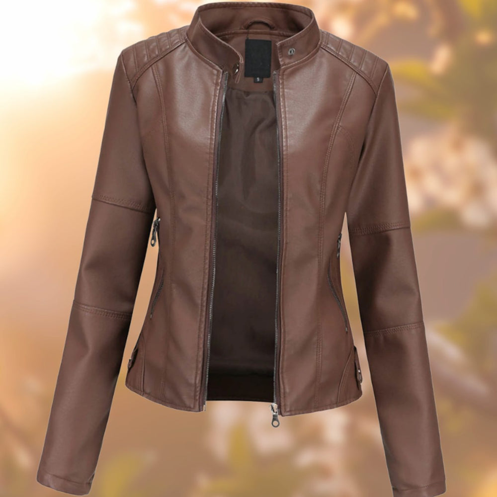 Women's Slim-Fit Zip-Up Faux Leather Biker Jacket - Dark Brown