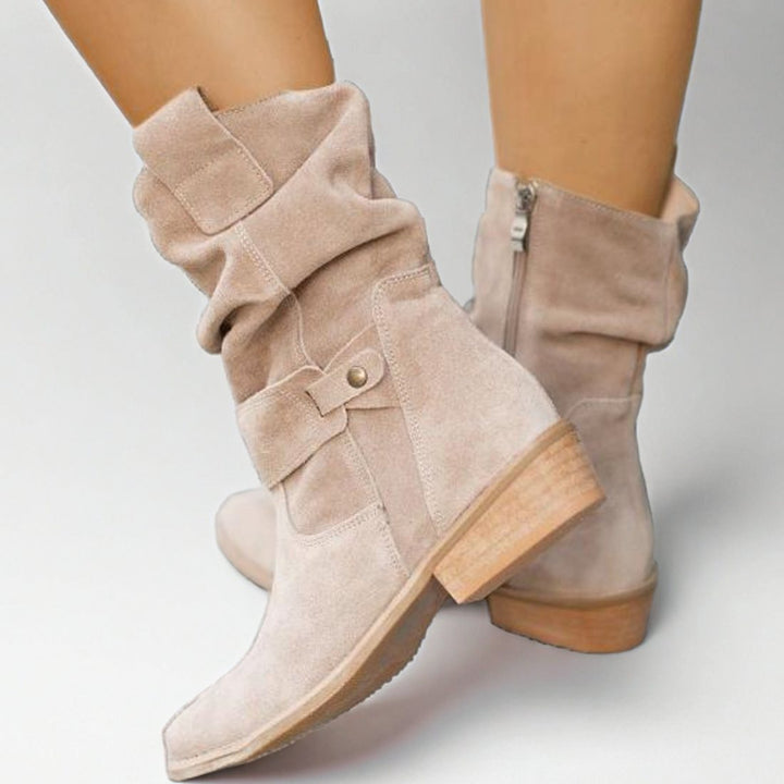 Women's Slouch Ankle Boots Low Block Heel Fold-Over Cuff Side Zip