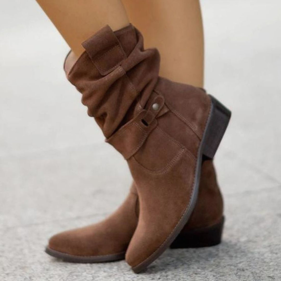 Women's Slouch Ankle Boots Low Block Heel Fold-Over Cuff Side Zip - Cowboy Brown