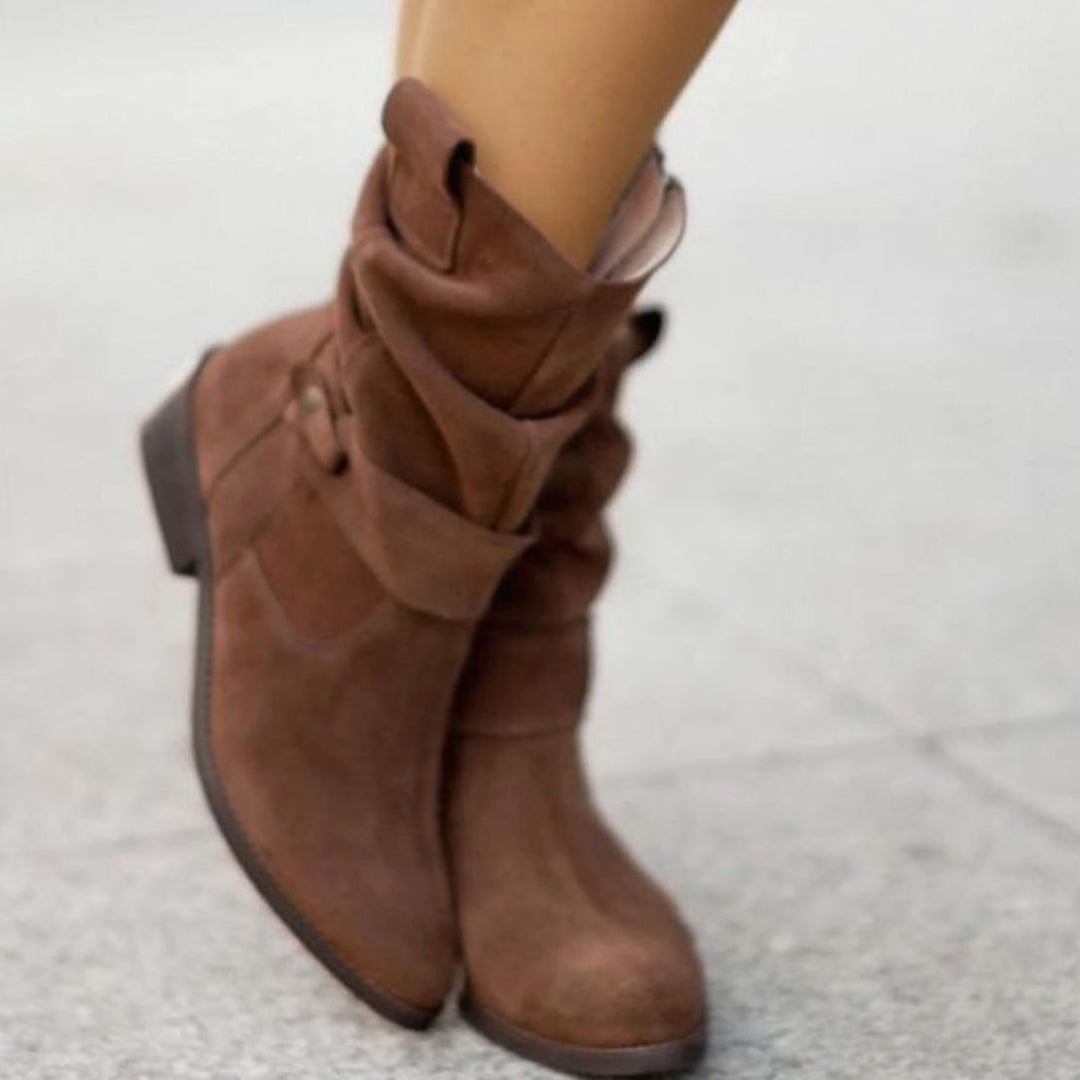Women's Slouch Ankle Boots Low Block Heel Fold-Over Cuff Side Zip