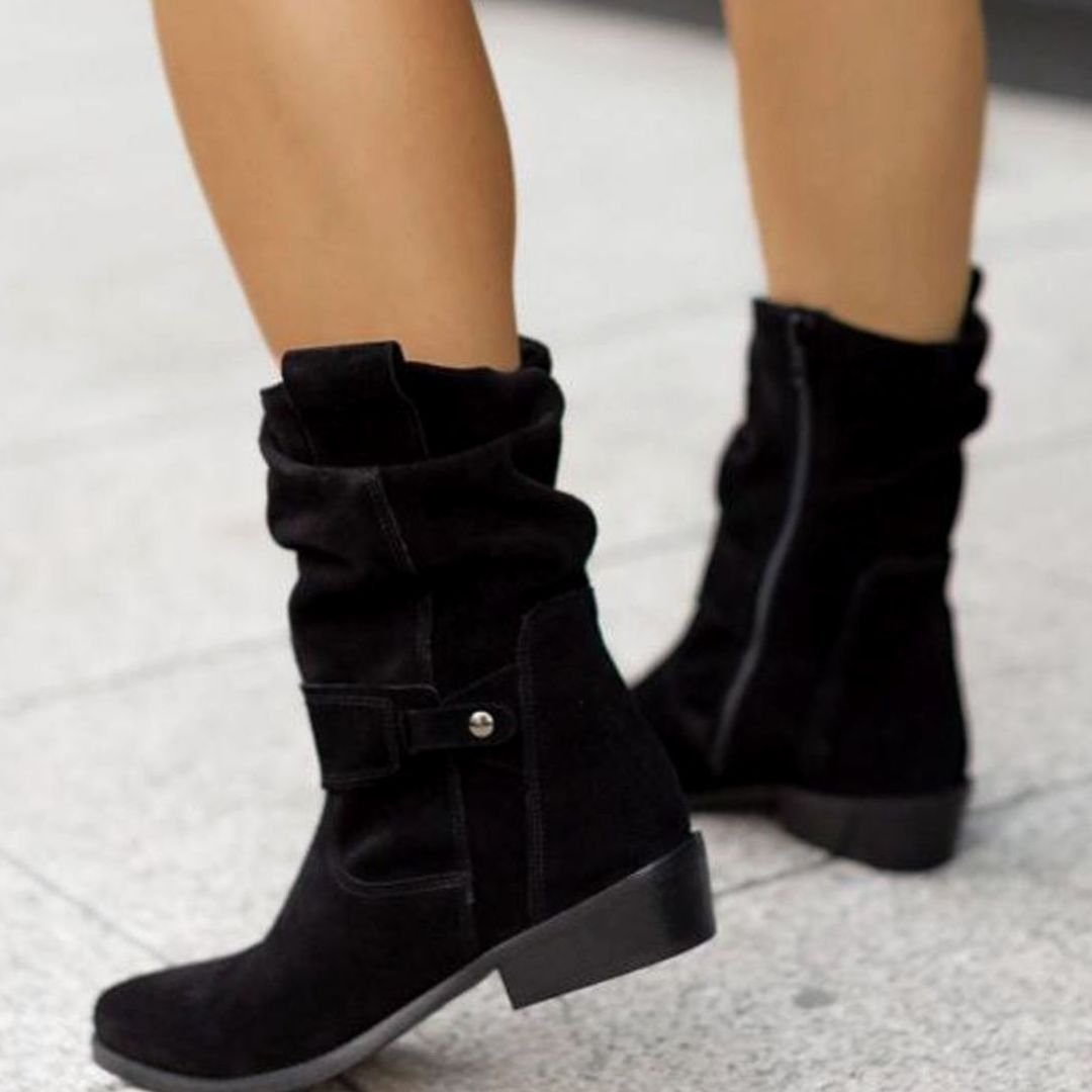 Women's Slouch Ankle Boots Low Block Heel Fold-Over Cuff Side Zip