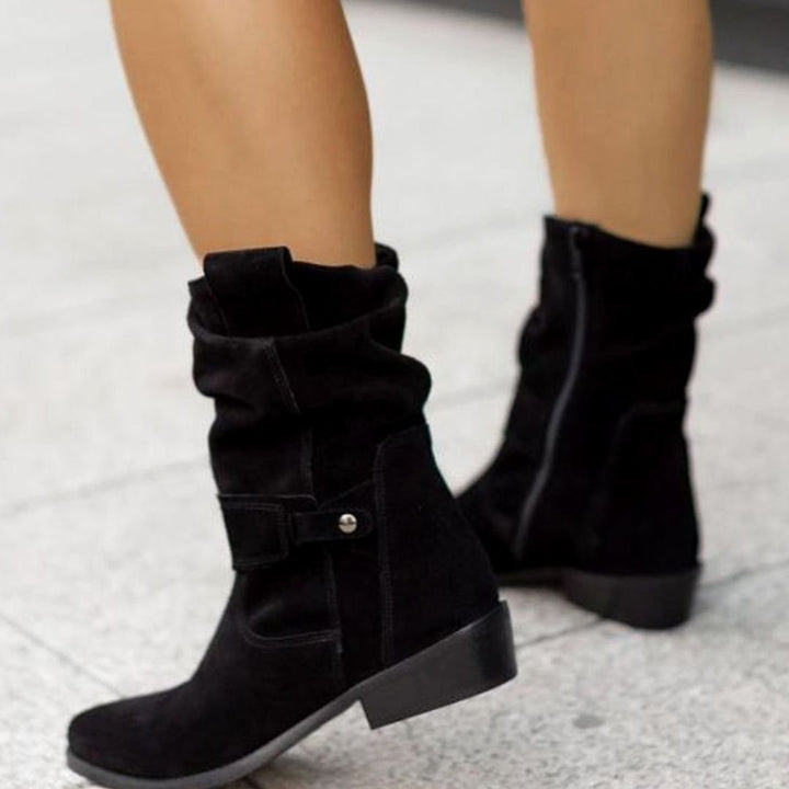 Women's Slouch Ankle Boots Low Block Heel Fold-Over Cuff Side Zip