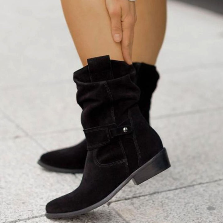 Women's Slouch Ankle Boots Low Block Heel Fold-Over Cuff Side Zip