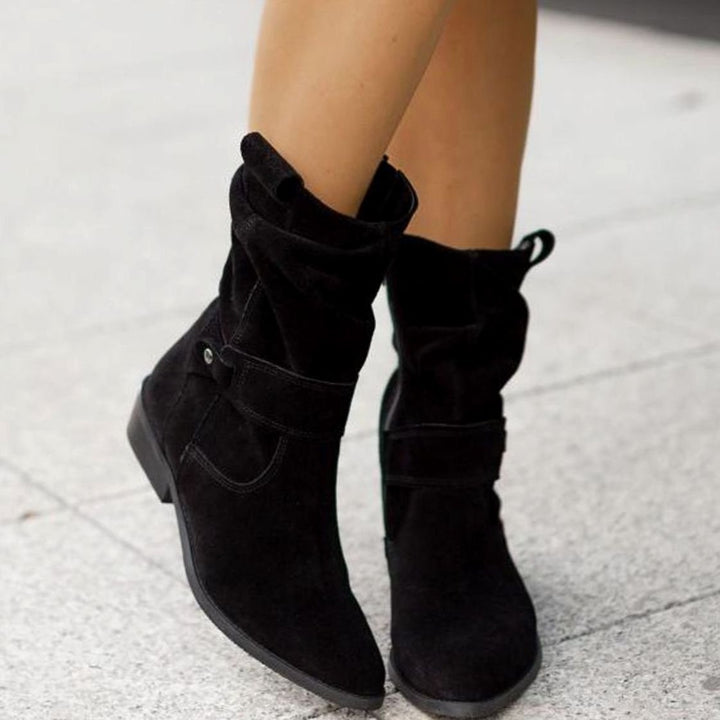 Women's Slouch Ankle Boots Low Block Heel Fold-Over Cuff Side Zip - Black