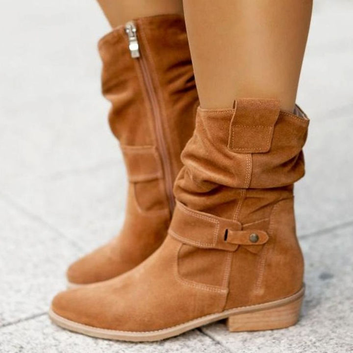Women's Slouch Ankle Boots Low Block Heel Fold-Over Cuff Side Zip - Brown