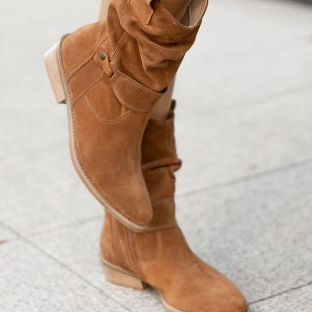 Women's Slouch Ankle Boots Low Block Heel Fold-Over Cuff Side Zip