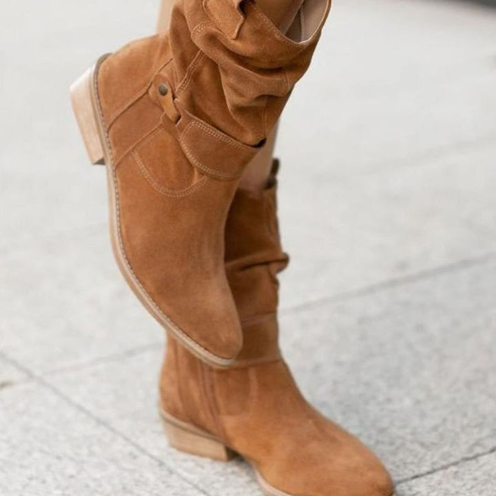 Women's Slouch Ankle Boots Low Block Heel Fold-Over Cuff Side Zip