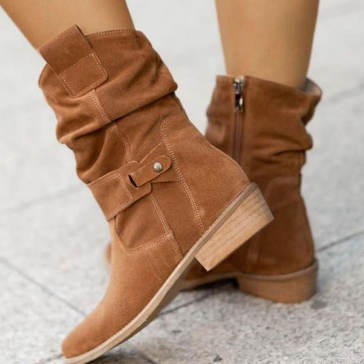 Women's Slouch Ankle Boots Low Block Heel Fold-Over Cuff Side Zip