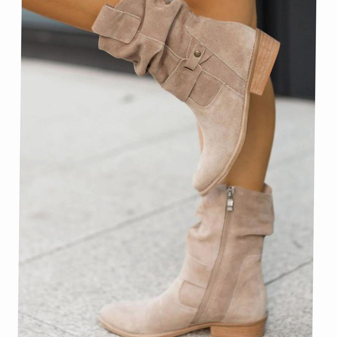Women's Slouch Ankle Boots Low Block Heel Fold-Over Cuff Side Zip