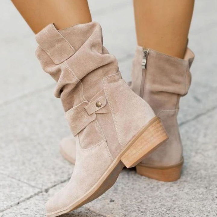Women's Slouch Ankle Boots Low Block Heel Fold-Over Cuff Side Zip - Beige