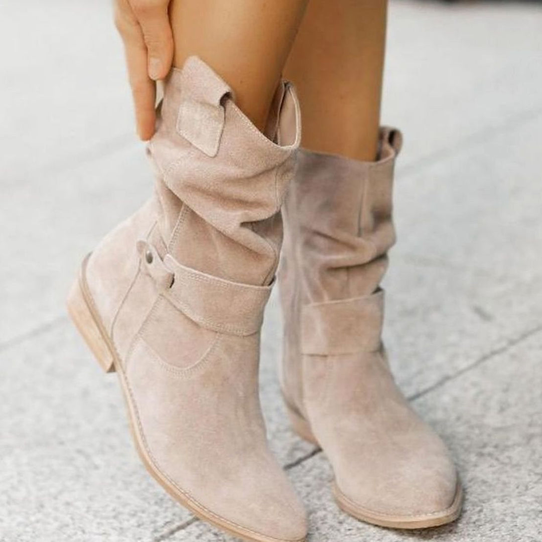 Women's Slouch Ankle Boots Low Block Heel Fold-Over Cuff Side Zip