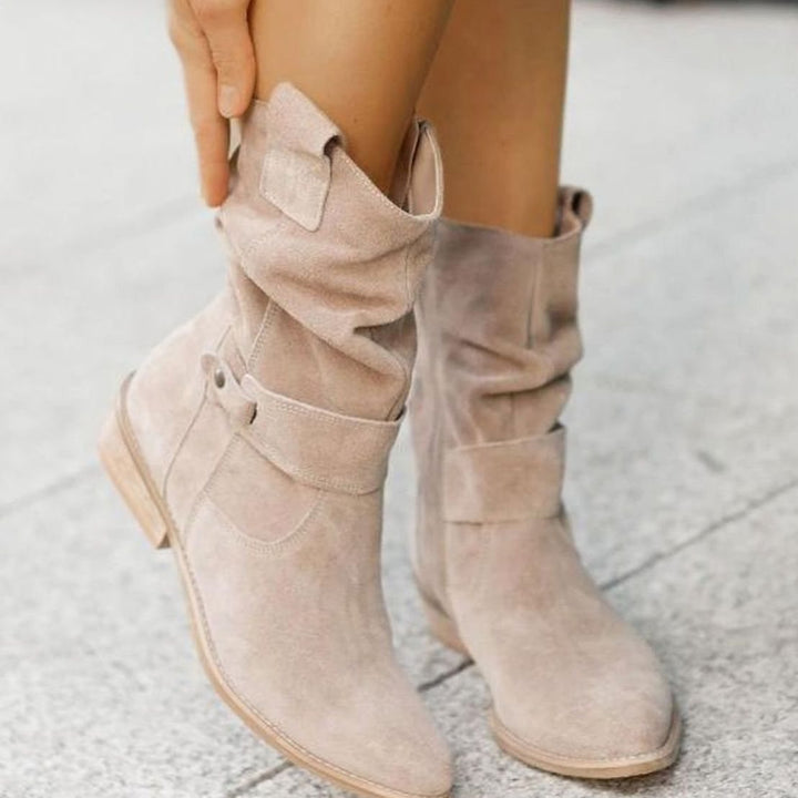 Women's Slouch Ankle Boots Low Block Heel Fold-Over Cuff Side Zip