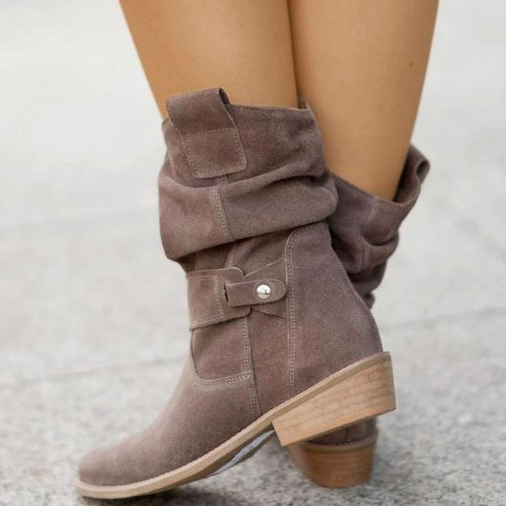 Women's Slouch Ankle Boots Low Block Heel Fold-Over Cuff Side Zip - Scottish Brown