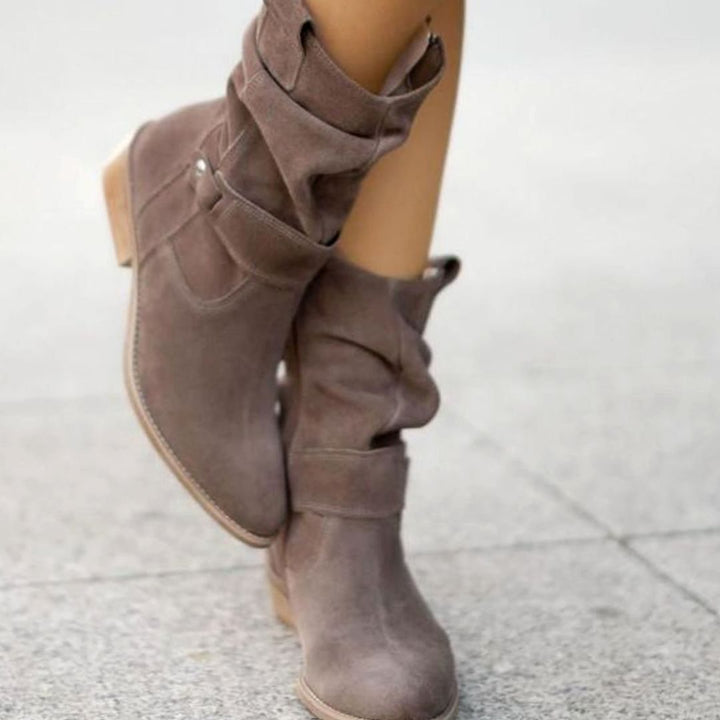 Women's Slouch Ankle Boots Low Block Heel Fold-Over Cuff Side Zip