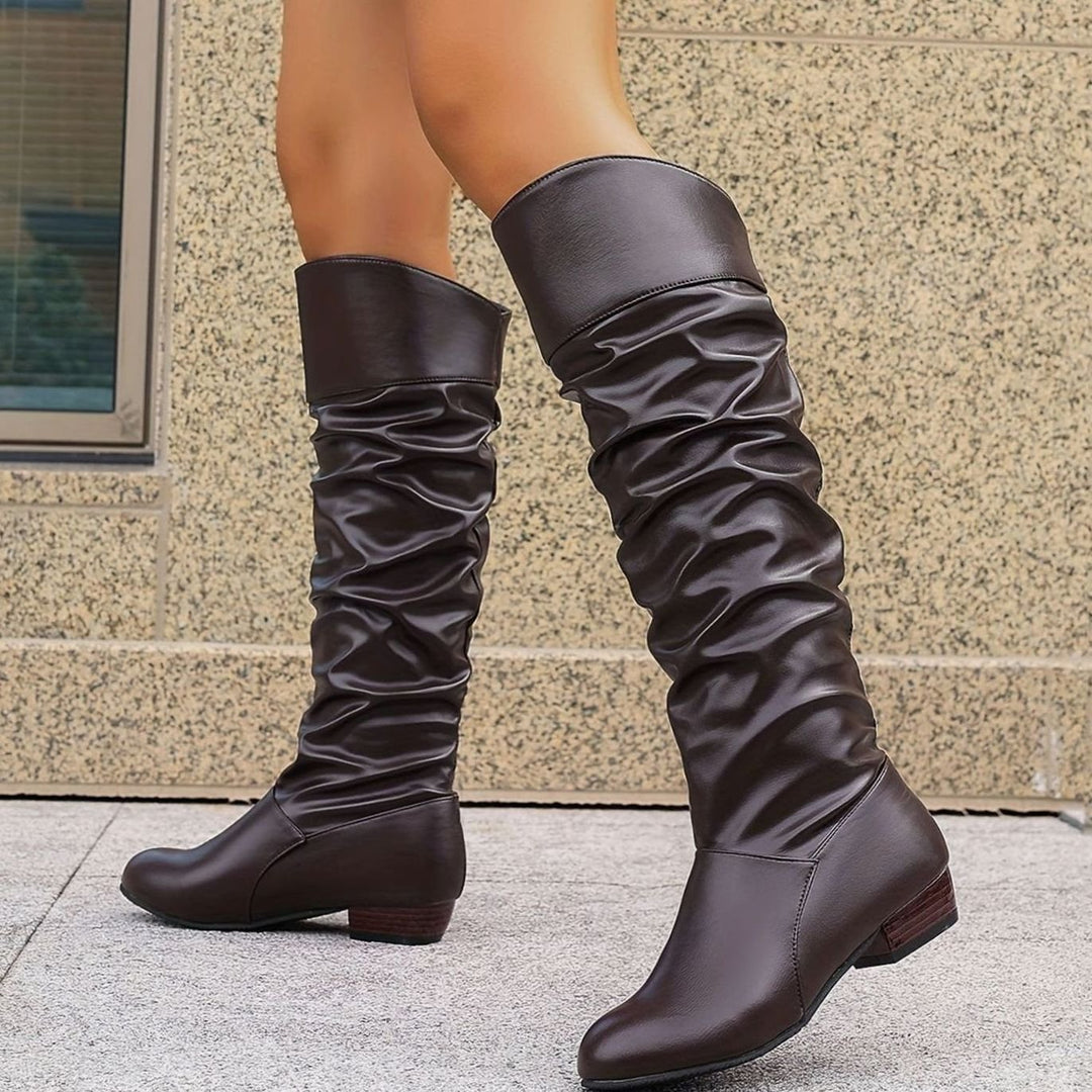 Women's Slouch Knee-High Pointed-Toe Block-Heel Pull-On Boots - Coffee Brown