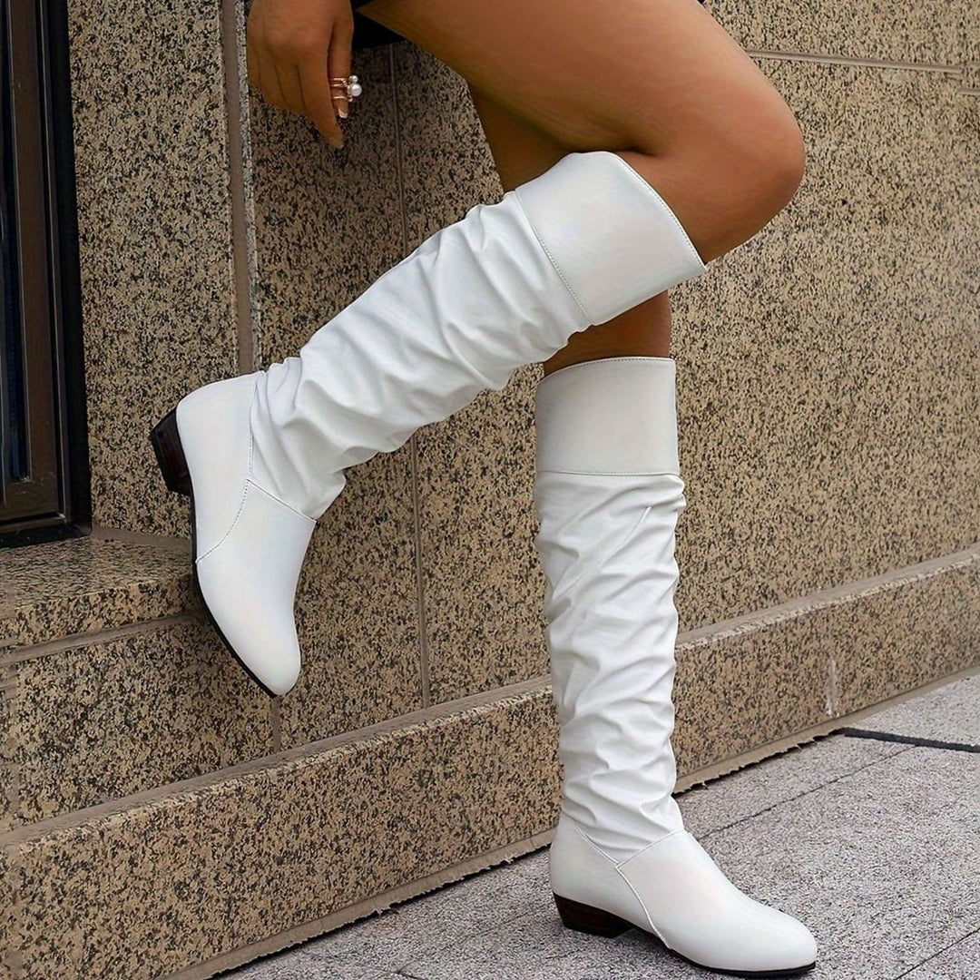 Women's Slouch Knee-High Pointed-Toe Block-Heel Pull-On Boots - White