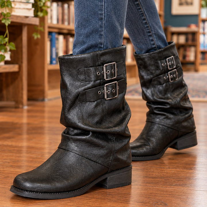 Women's Slouch Leather-Look Double Buckle Mid-Calf Boots