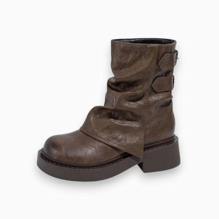 Women's Slouchy Leather Chunky Ankle Boots Buckle Detail