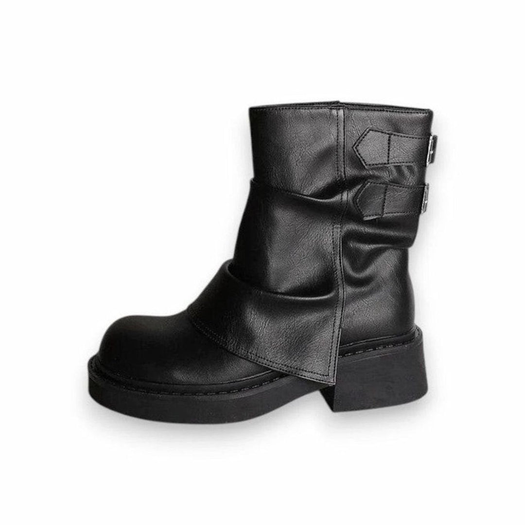 Women's Slouchy Leather Chunky Ankle Boots Buckle Detail