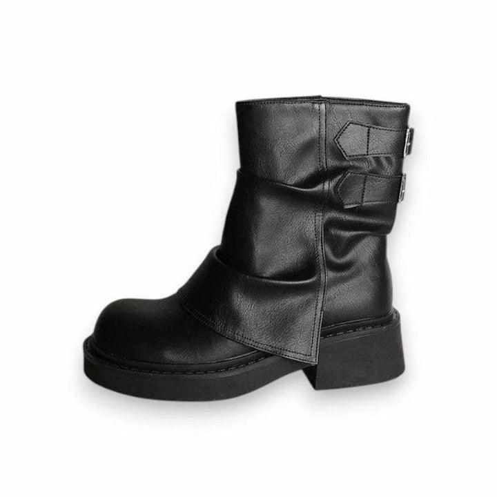 Women's Slouchy Leather Chunky Ankle Boots Buckle Detail