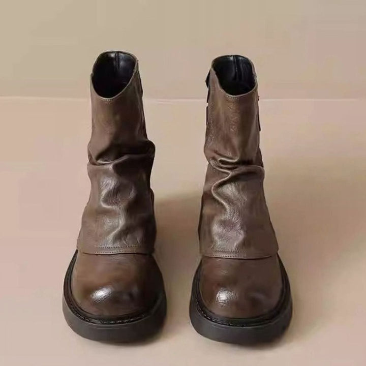 Women's Slouchy Leather Chunky Ankle Boots Buckle Detail