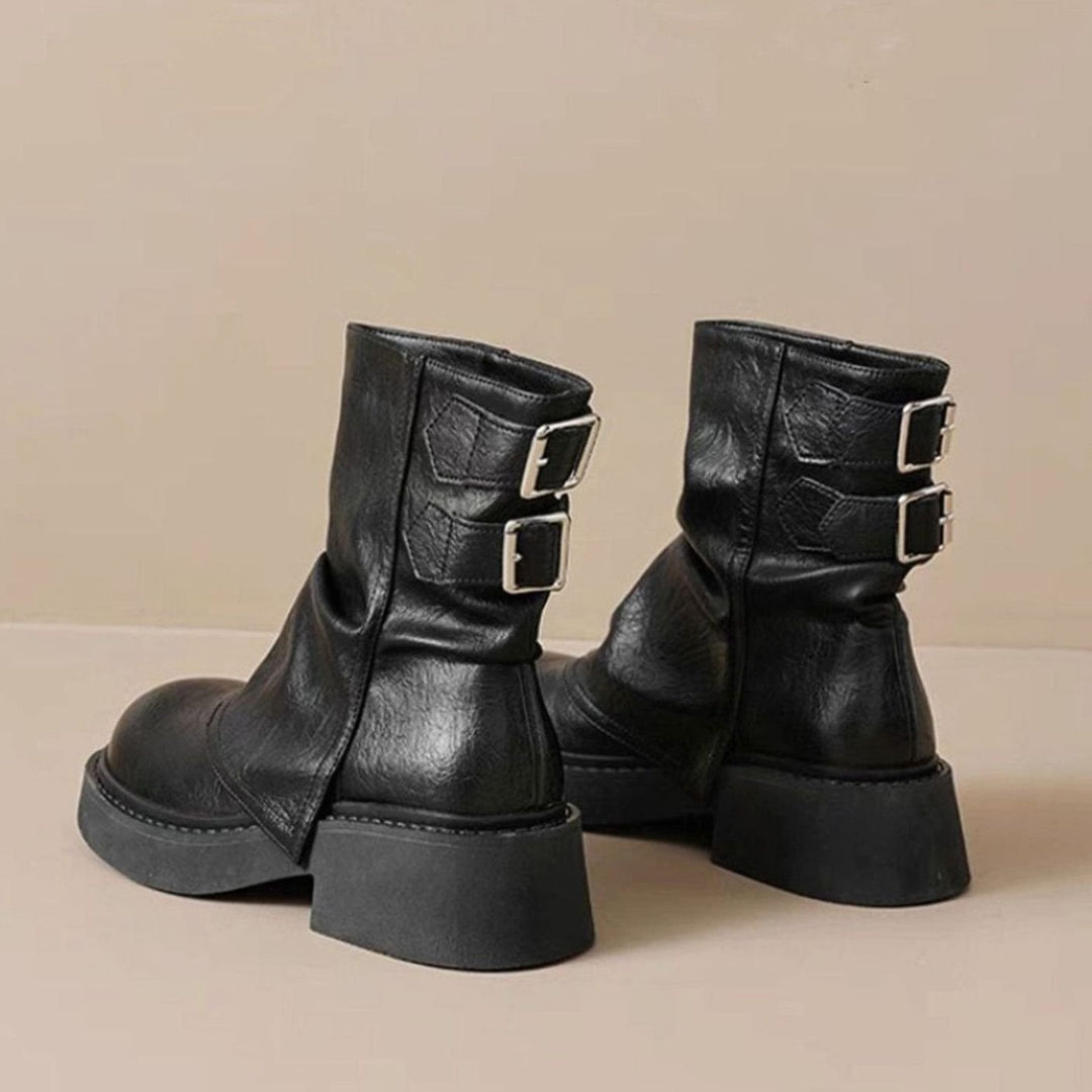 Women's Slouchy Leather Chunky Ankle Boots Buckle Detail