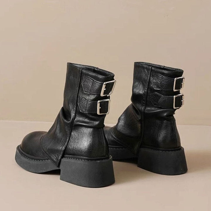 Women's Slouchy Leather Chunky Ankle Boots Buckle Detail