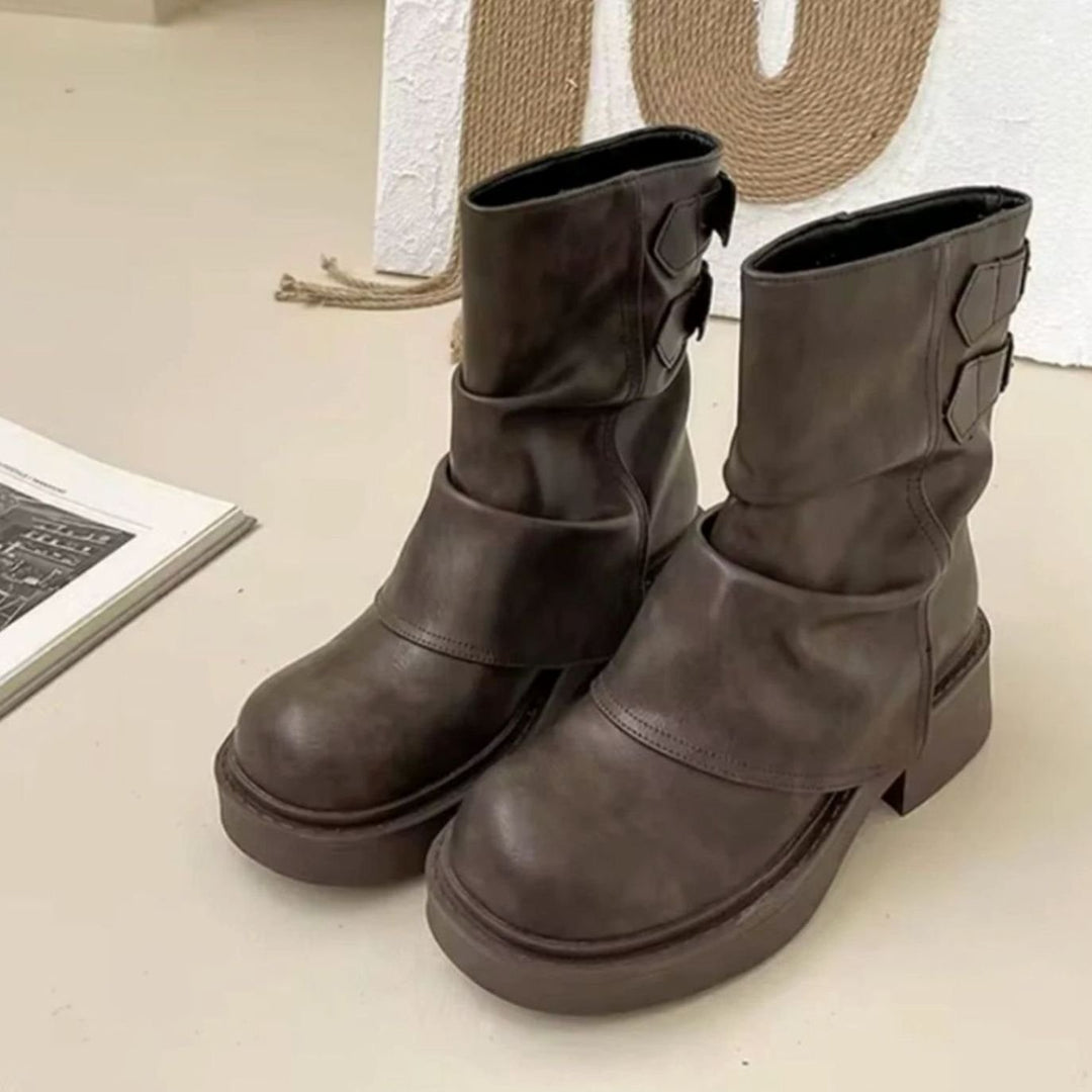 Women's Slouchy Leather Chunky Ankle Boots Buckle Detail