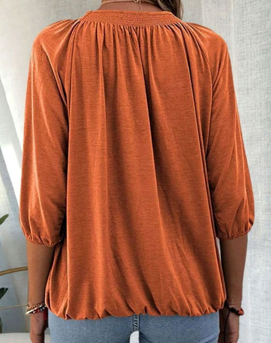 Women's Smocked Bishop-Sleeve Relaxed Blouse Top