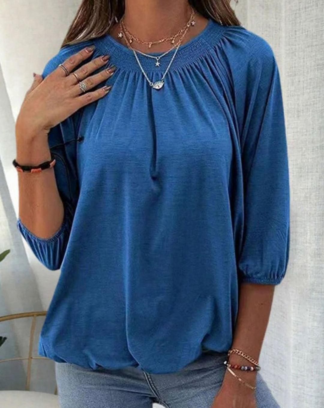 Women's Smocked Bishop-Sleeve Relaxed Blouse Top