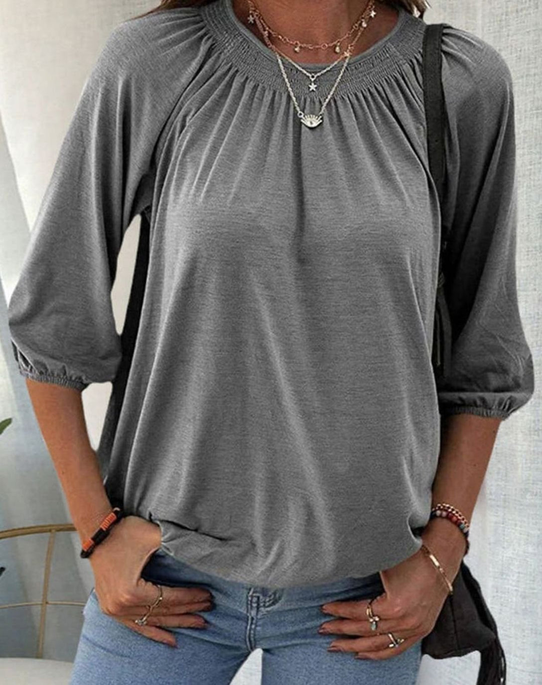 Women's Smocked Bishop-Sleeve Relaxed Blouse Top - Grey