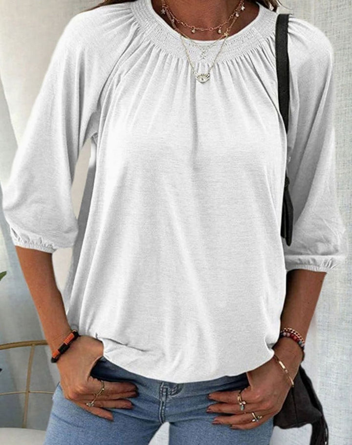 Women's Smocked Bishop-Sleeve Relaxed Blouse Top - White