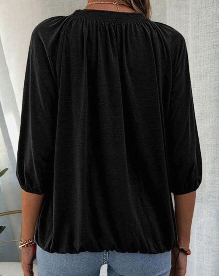 Women's Smocked Neck Bishop Sleeve Relaxed Blouse