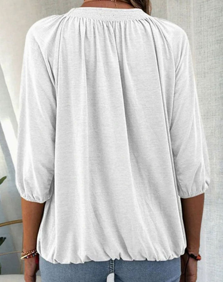 Women's Smocked Neck Bishop Sleeve Relaxed Blouse