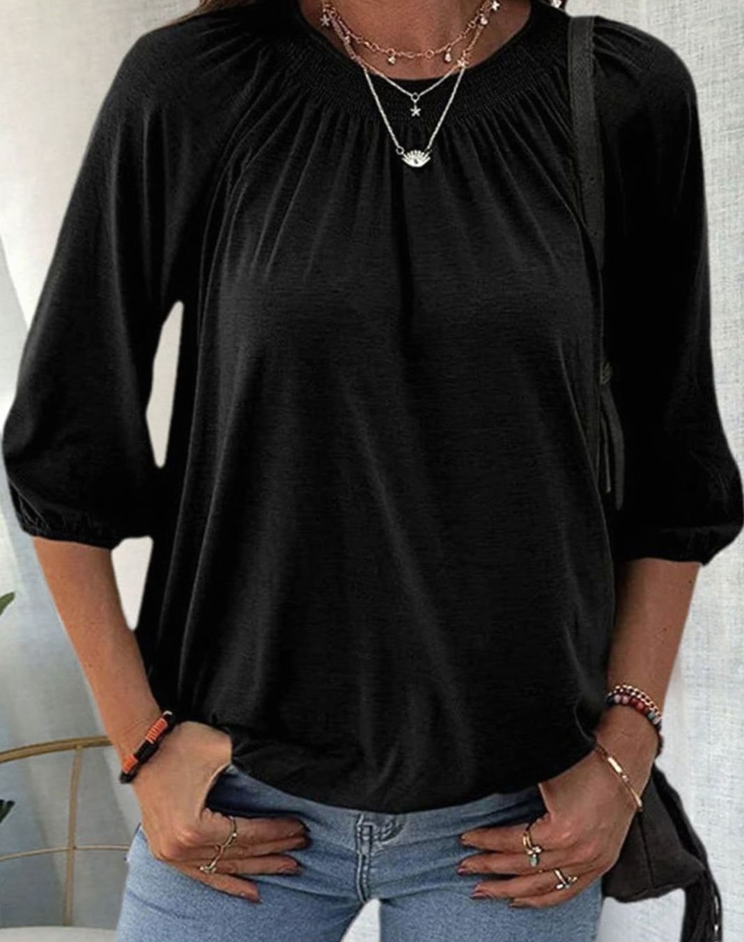 Women's Smocked Neck Bishop Sleeve Relaxed Blouse - Black