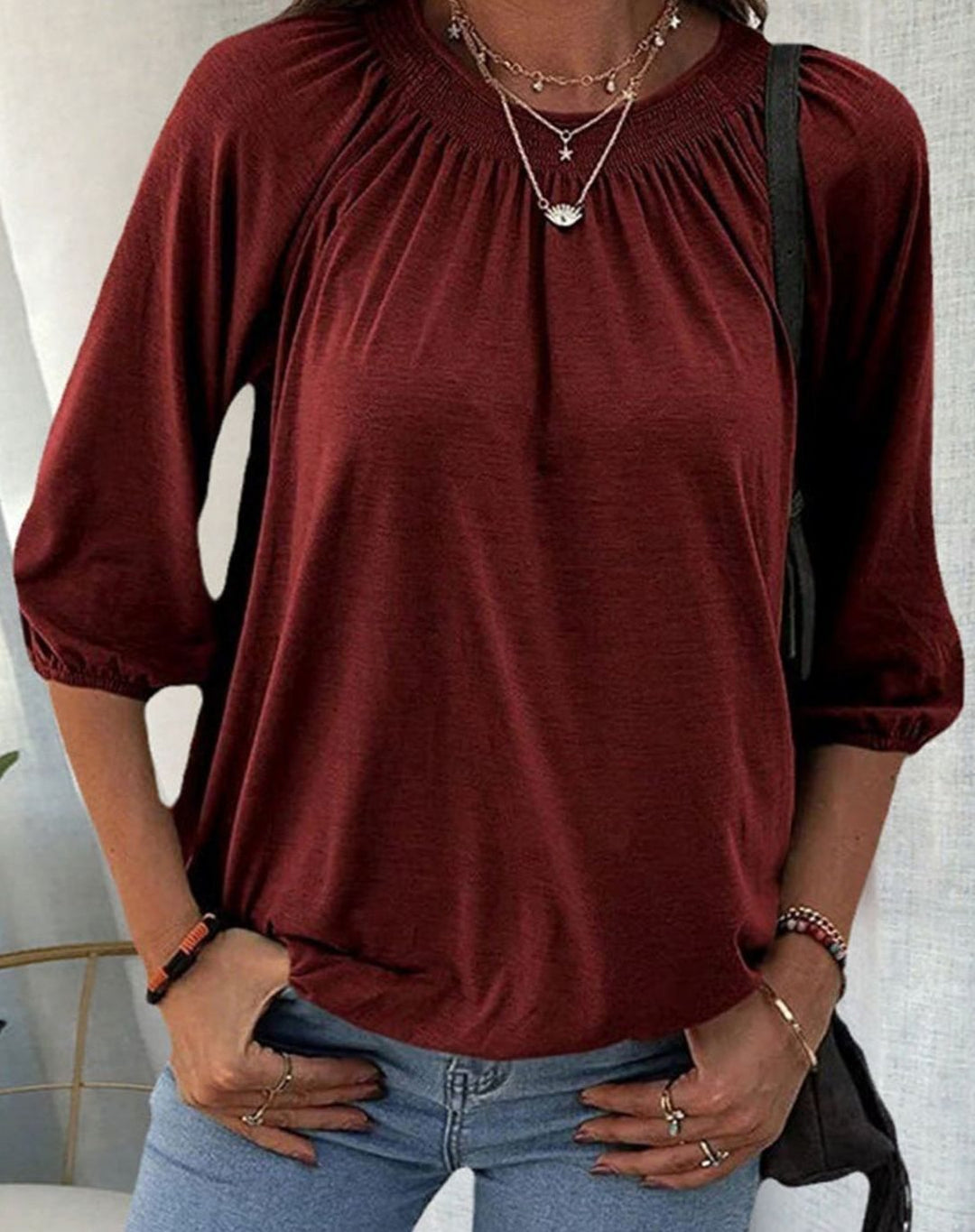 Women's Smocked Neck Bishop Sleeve Relaxed Blouse - Burgundy