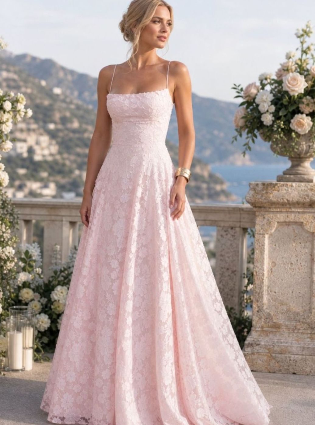 Women's Spaghetti Strap A-Line Full Lace Maxi Dress